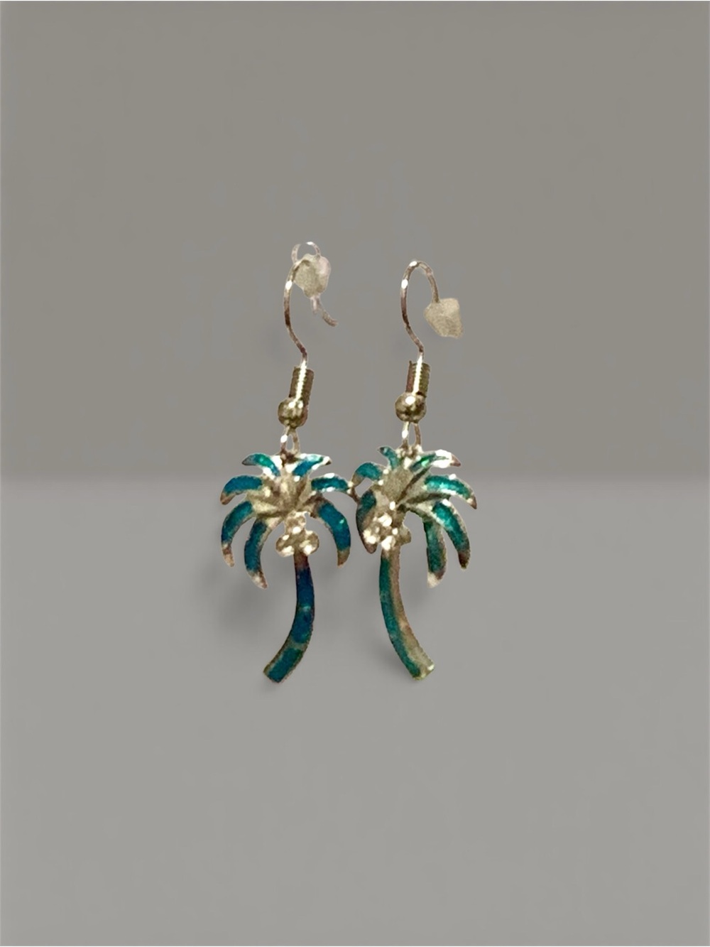Silver-tone Palm Tree & Crystal Drop Earrings - Teal Green